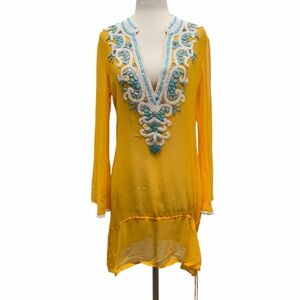 Kareena’s Beaded Tunic Yellow Long Sleeve Coverup Size Medium